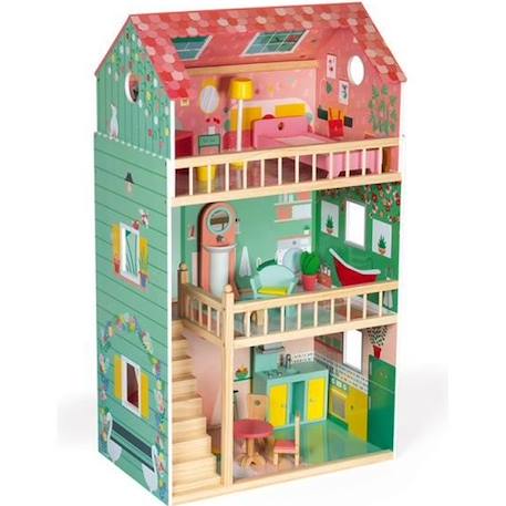 Maison de poupées en bois Happy Day JANOD - Pour enfants dès 3 ans - 3 étages - 12 pièces de mobilier VERT 1 - vertbaudet enfant 