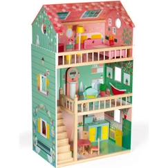 Jouet-Poupons et poupées-Maison de poupées en bois Happy Day JANOD - Pour enfants dès 3 ans - 3 étages - 12 pièces de mobilier