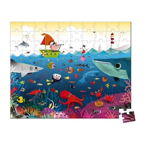 Puzzle 100 pièces Janod Le monde sous-marin - Valisette ronde avec poster BLEU 2 - vertbaudet enfant 