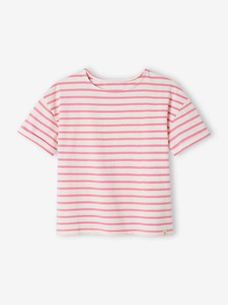 Tee-shirt marinière personnalisable fille manches courtes denim brut+rayé rose 7 - vertbaudet enfant 