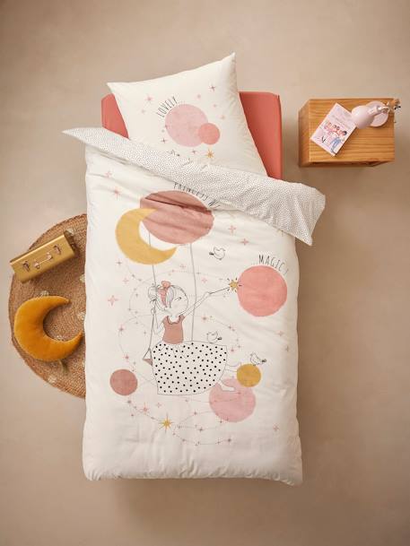 Parure housse de couette enfant et taie d'oreiller avec coton recyclé PRINCESSE POESIE blanc imprimé 2 - vertbaudet enfant 