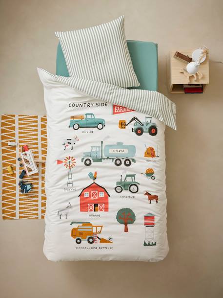 Parure housse de couette et taie d'oreiller avec coton recyclé MOISSON blanc imprimé 2 - vertbaudet enfant 