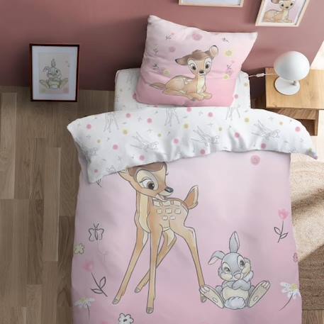 Parure de lit imprimée 100% coton, DISNEY HOME BAMBI FLOWERS 135x200+80x80cm ROSE 1 - vertbaudet enfant 