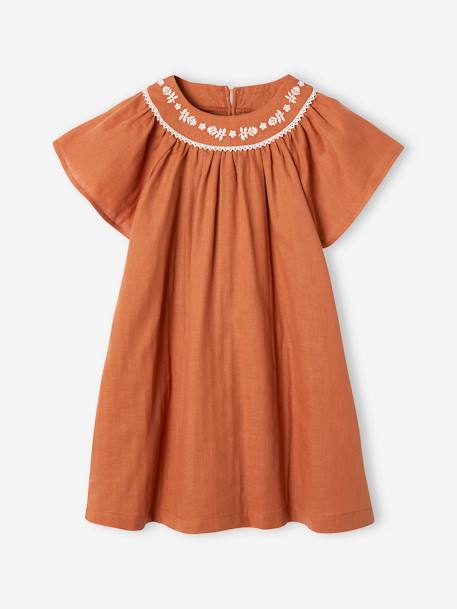 Robe brodée matière effet lin fille caramel 3 - vertbaudet enfant 