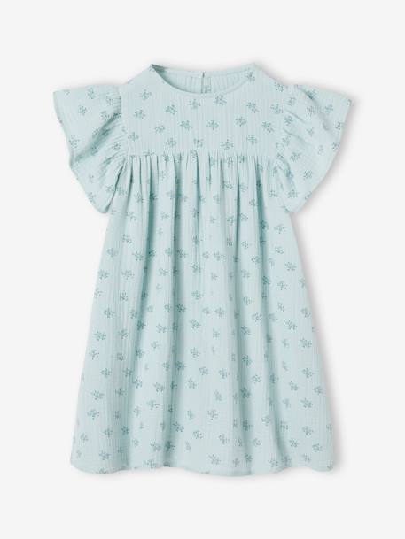 Robe imprimée fleurs en gaze de coton fille bleu grisé+écru+rose 3 - vertbaudet enfant 