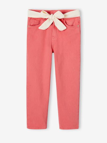 Pantalon Mom et sa ceinture en gaze de coton fille moutarde+pêche+rose+rouge+vert émeraude 24 - vertbaudet enfant 