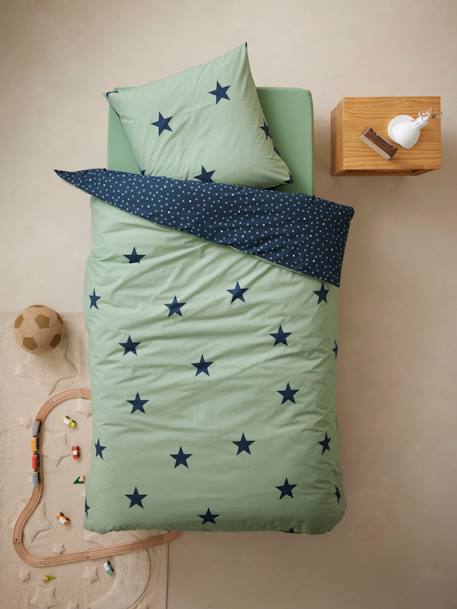 Parure housse de couette enfant et taie d'oreiller DREAM BIG kaki / étoiles marine 2 - vertbaudet enfant 