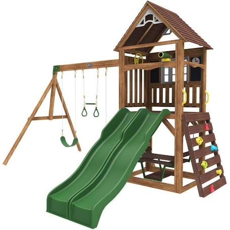KidKraft - Aire de jeux en bois Lindale avec toboggans, balançoires, mur escalade - FSC MARRON 1 - vertbaudet enfant 