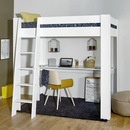 Lit mezzanine 2 places ALI avec bureau  Blanc - Bois massif - À monter soi-même BLANC 3 - vertbaudet enfant 