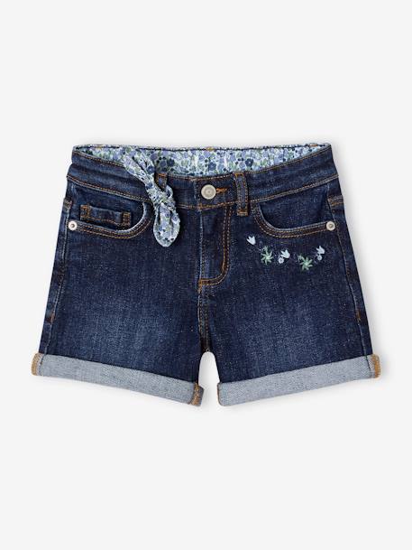 Short en jean brodé fleurs fille noeud imprimé fleurs denim brut+double stone+stone 1 - vertbaudet enfant 