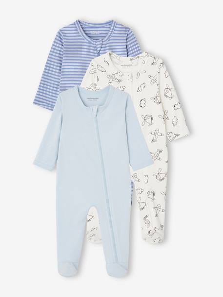 Lot de 3 pyjamas bébé en jersey ouverture zippée BASICS bleu chambray+cappuccino 1 - vertbaudet enfant 