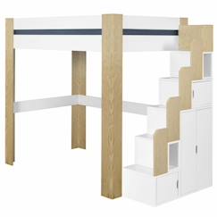Chambre et rangement-Pack lit mezzanine 2 places avec escalier, bureau et matelas Alex Blanc et bois 140x190 cm