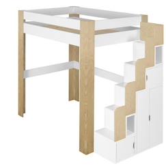 Chambre et rangement-Chambre-Lit bébé, lit enfant-Lit combiné, surélevé, superposé-Lit mezzanine 2 places - AKITEN RETAIL - ALEX - Bois massif - Blanc et bois naturel - Escalier avec rangements