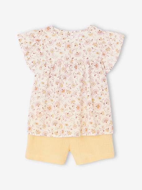 Ensemble blouse à fleurs et short en gaze de coton fille jaune pastel+vanille 1 - vertbaudet enfant 