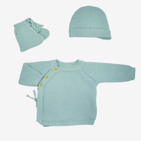 Kit naissance bébé - vert sauge - brassière, bonnet, moufles BLANC+BLANC+BLEU+GRIS 1 - vertbaudet enfant 
