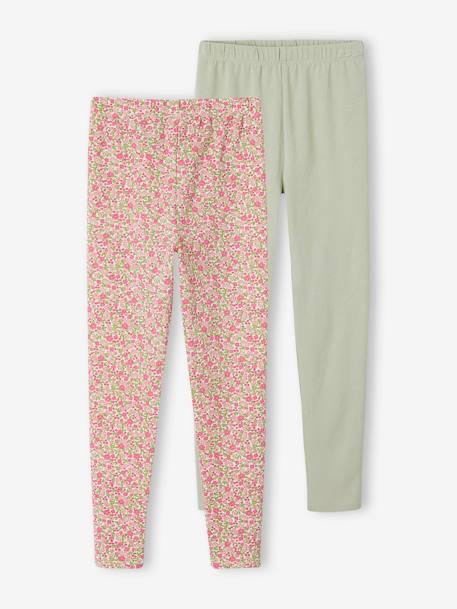 Lot de 2 leggings fille Basics indigo+kaki+marron imprimé+vert sauge 16 - vertbaudet enfant 