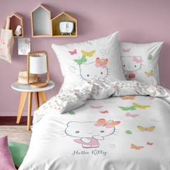 Linge de maison et décoration-Parure de lit imprimée 100% coton - HELLO KITTY PAPILLONS. Taille : 140x200 cm