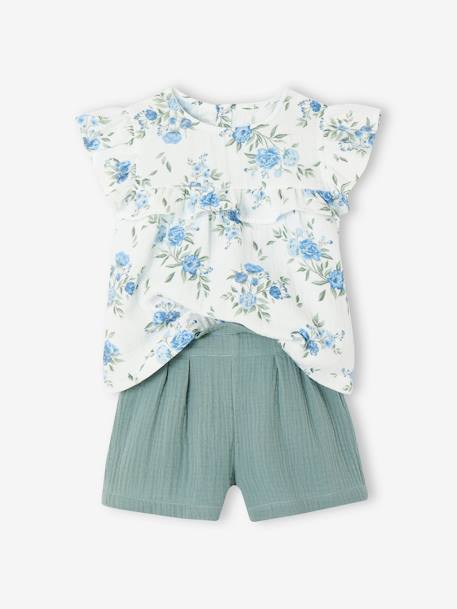 Ensemble de cérémonie fille blouse volantée et short en gaze bleu imprimé+rose imprimé 1 - vertbaudet enfant 