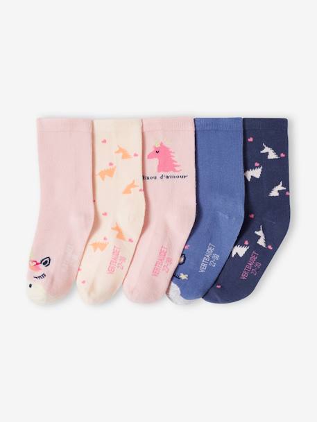 Fille-Sous-vêtement-Chaussettes-Lot de 5 paires de chaussettes licornes et coeurs fille