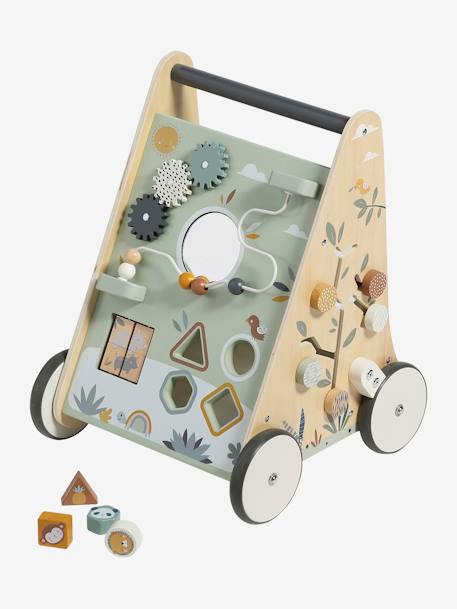 Chariot de marche avec freins en bois FSC® bois+rose+Vert 1 - vertbaudet enfant 