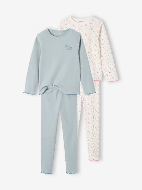 Lot de 2 pyjamas fille fleurs en maille côtelée bleu grisé 1 - vertbaudet enfant 