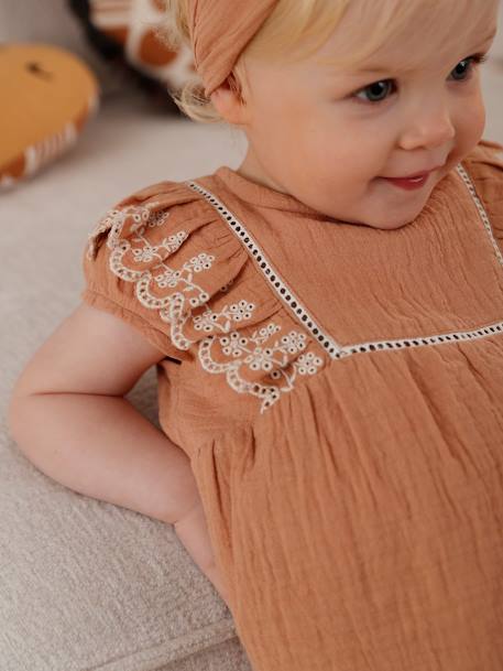 Ensemble brodé bébé : blouse + short + bandeau en gaze de coton caramel 2 - vertbaudet enfant 