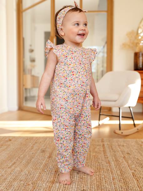 Ensemble bébé fille combinaison + bandeau imprimés rose imprimé+rose pâle+rose poudré+vert céladon imprimé 1 - vertbaudet enfant 
