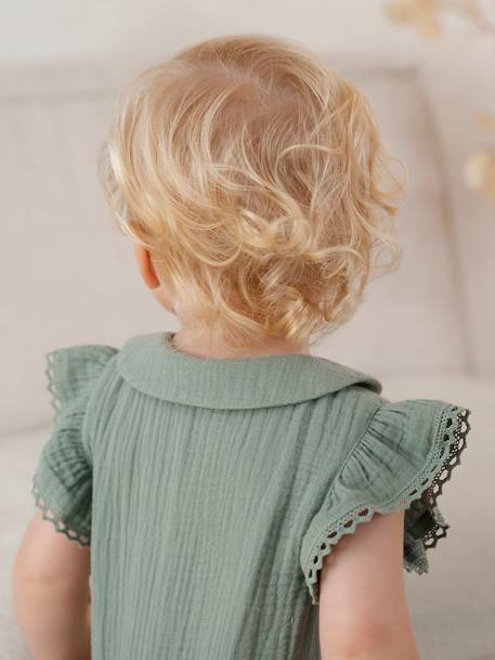Combinaison bébé fille en gaze de coton manches courtes à volants caramel+vert sauge 11 - vertbaudet enfant 