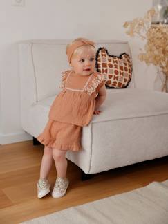 -Ensemble brodé bébé :  blouse + short + bandeau en gaze de coton