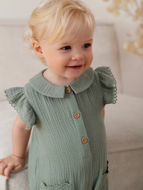 Combinaison bébé fille en gaze de coton manches courtes à volants caramel+vert sauge 10 - vertbaudet enfant 