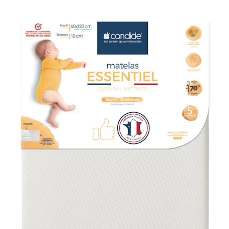 Matelas Bébé Essentiel - CANDIDE - 60x120x10cm - Déhoussable - Confort Traditionnel - Fabriqué En France BLANC 1 - vertbaudet enfant 