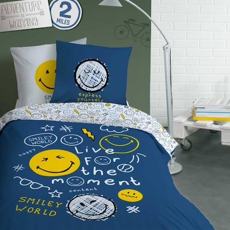 Parure de lit imprimée 100% coton, SMILEY WORLD SCRIBBLE 140x200 cm BLEU 1 - vertbaudet enfant 