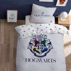 Linge de maison et décoration-Housse de couette et taie d'oreiller 100% coton BIO, Harry Potter Hogwarts Pride. Taille : 140x200 cm. Couleur : Blanc