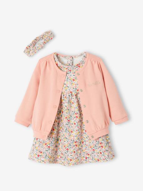 Ensemble 3 pièce robe + cardigan + bandeau bébé fille corail+ivoire imprimé+vieux rose 9 - vertbaudet enfant 