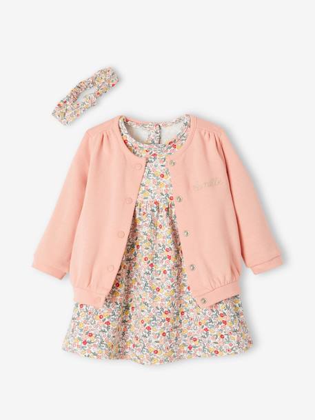 Ensemble bébé fille 3 pièces robe cardigan bandeau bleu grisé+corail+vieux rose 17 - vertbaudet enfant 