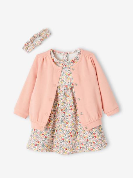 Ensemble 3 pièce robe + cardigan + bandeau bébé fille corail+ivoire imprimé+vieux rose 2 - vertbaudet enfant 