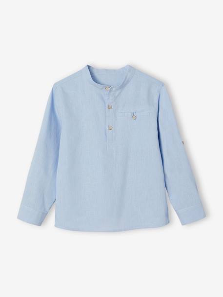 Chemise col Mao en coton/lin garçon manches retroussables blanc+bleu ciel+Bleu moyen+vert 13 - vertbaudet enfant 