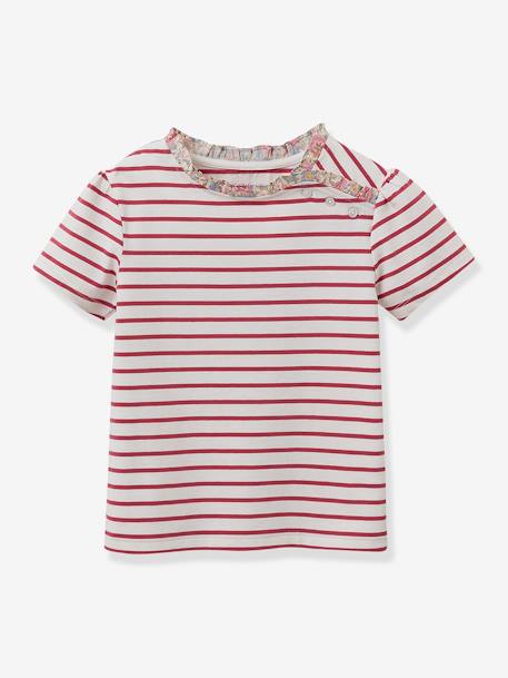 Tee-shirt marinière fille tissu Liberty - coton bio CYRILLUS framboise 1 - vertbaudet enfant 