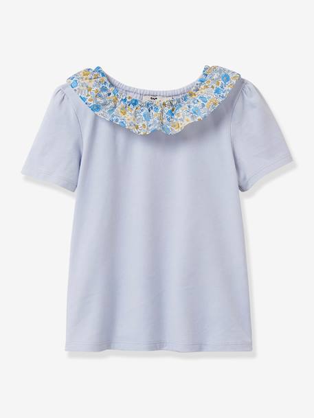 Tee-shirt fille col tissu Liberty- coton biologique CYRILLUS bleu grisé 1 - vertbaudet enfant 