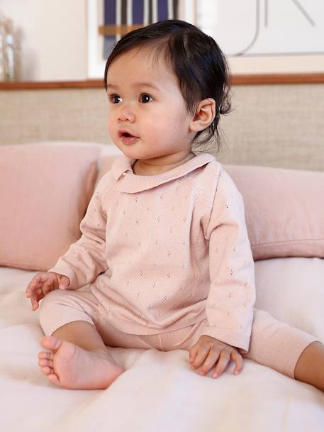 Ensemble bébé pull à collerette pantalon en tricot rose nude 1 - vertbaudet enfant 