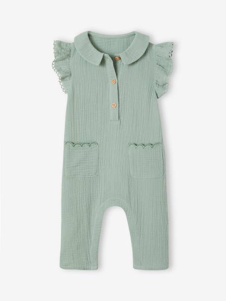 Combinaison bébé fille en gaze de coton manches courtes à volants caramel+vert sauge 6 - vertbaudet enfant 