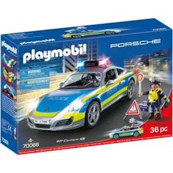Jouet-Jeux d'imagination-Figurines, mini mondes, héros et animaux-PLAYMOBIL - Porsche 911 Carrera 4S Police - 2 policiers et accessoires - Effets sonores et lumineux