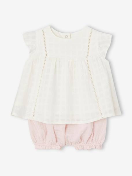 Ensemble robe brodée et bloomer en gaze de coton naissance rose 1 - vertbaudet enfant 