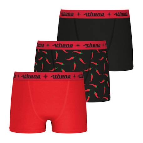 Garçon-Sous-vêtement-ATHENA Lot de 3 boxers  Trio Pop Rouge-Imprimé Piment-Noir Garçon