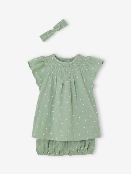 Ensemble en gaze de coton : robe + bloomer + bandeau bébé vert sauge 1 - vertbaudet enfant 