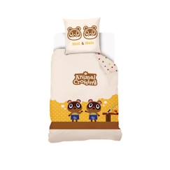 -Animal Crossing - Housse De Couette Animal Crossing Méli & Mélo 140x200 cm + 1 Taie d'oreiller 63x63 cm - 100% Coton - Beige