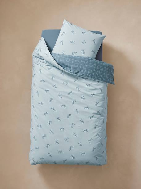 Pack housse de couette + taie d'oreiller essentiels Réversible CARREAUX VELOS, avec coton recyclé bleu imprimé 2 - vertbaudet enfant 