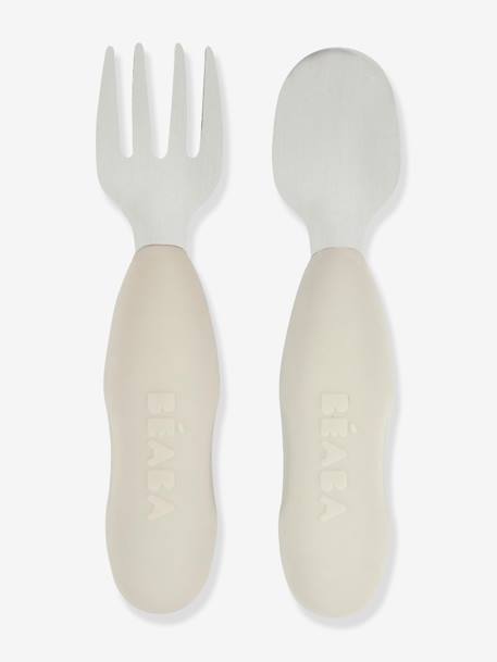 Lot de 2 pré-couverts d'apprentissage 2e âge en inox et silicone beige imprimé+Sage green+Velvet grey 15 - vertbaudet enfant 