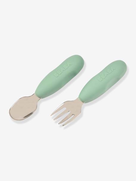 Lot de 2 pré-couverts d'apprentissage 2e âge en inox et silicone beige imprimé+Sage green+Velvet grey 9 - vertbaudet enfant 