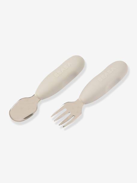Lot de 2 pré-couverts d'apprentissage 2e âge en inox et silicone beige imprimé+Sage green+Velvet grey 16 - vertbaudet enfant 